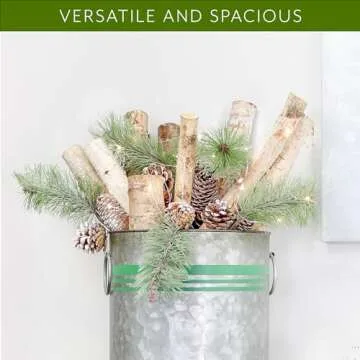 AuldHome Design Galvanized Greenery Buckets (Set of 3), Large, Medium, and Small Metal Farmhouse Style Galvanized Cans w/Green Ribbon Motif