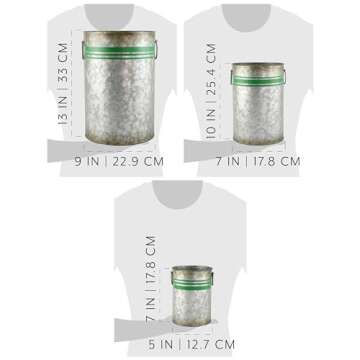 AuldHome Design Galvanized Greenery Buckets (Set of 3), Large, Medium, and Small Metal Farmhouse Style Galvanized Cans w/Green Ribbon Motif