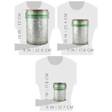 AuldHome Design Galvanized Greenery Buckets (Set of 3), Large, Medium, and Small Metal Farmhouse Style Galvanized Cans w/Green Ribbon Motif