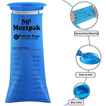 MP MOZZPAK Vomit Bags Disposable – 100 Pack – 1000ml Barf Bags – Leak Resistant, Medical Grade, Portable Emesis Bags, Puke, Throw Up, Nausea Bags for Travel Motion Sickness, Car & Aircraft, Kids, Taxi