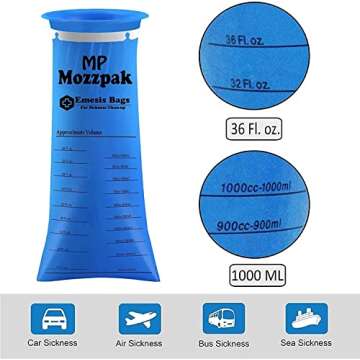 MP MOZZPAK Vomit Bags Disposable – 100 Pack – 1000ml Barf Bags – Leak Resistant, Medical Grade, Portable Emesis Bags, Puke, Throw Up, Nausea Bags for Travel Motion Sickness, Car & Aircraft, Kids, Taxi