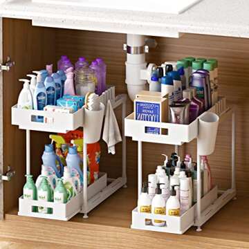 NYYTGE Double Sliding Under Sink Organizer, 2 Tier Bathroom Organizer with 1 Cup 4 Hooks, Multi-purp...