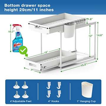 NYYTGE Double Sliding Under Sink Organizer, 2 Tier Bathroom Organizer with 1 Cup 4 Hooks, Multi-purpose Under Cabinet Storage Rack, Under Sink Organizers and Storage for Home Kitchen Organization