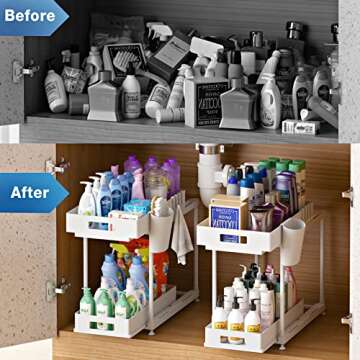 NYYTGE Double Sliding Under Sink Organizer, 2 Tier Bathroom Organizer with 1 Cup 4 Hooks, Multi-purpose Under Cabinet Storage Rack, Under Sink Organizers and Storage for Home Kitchen Organization