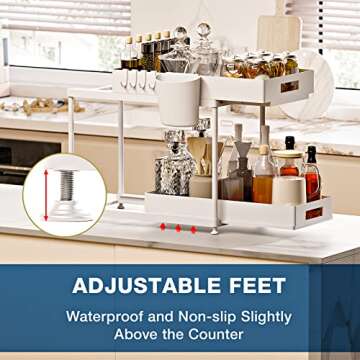 NYYTGE Double Sliding Under Sink Organizer, 2 Tier Bathroom Organizer with 1 Cup 4 Hooks, Multi-purpose Under Cabinet Storage Rack, Under Sink Organizers and Storage for Home Kitchen Organization