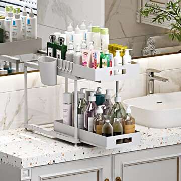 NYYTGE Double Sliding Under Sink Organizer, 2 Tier Bathroom Organizer with 1 Cup 4 Hooks, Multi-purpose Under Cabinet Storage Rack, Under Sink Organizers and Storage for Home Kitchen Organization