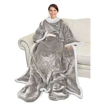 Catalonia Sherpa Wearable Blanket with Sleeves & Foot Pockets for Adults - Comforting Snug Blanket R...