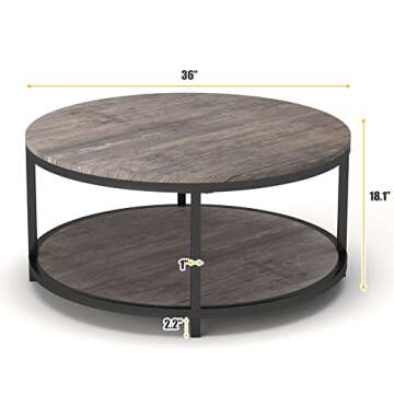 NSdirect Round Coffee Table,36" Coffee Table for Living Room,2-Tier Rustic Wood Desktop with Storage...