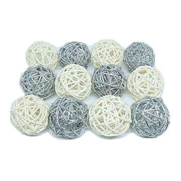 Thailand's Gifts : Natural Small Wicker Balls With Two Tone Color Silver And White For DIY Vase And Bowl Filler Ornament, Decorative Spheres Balls Perfect For Decoration And Party 2-2.5 inch 12 Pcs