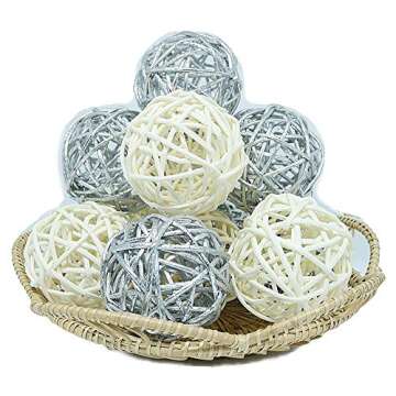 Thailand's Gifts : Natural Small Wicker Balls With Two Tone Color Silver And White For DIY Vase And Bowl Filler Ornament, Decorative Spheres Balls Perfect For Decoration And Party 2-2.5 inch 12 Pcs