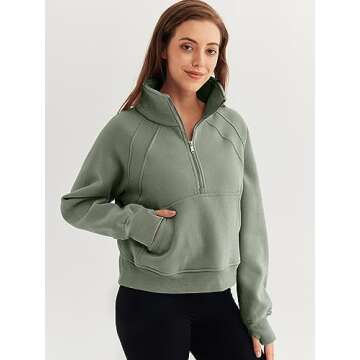 WYNNQUE Womens Half Zip Cropped Pullover Sweatshirts Fleece Quarter Zipper Hoodies Long Sleeve Clothes Sweaters Thumb Hole Green