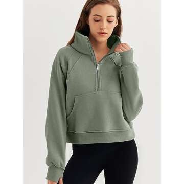 WYNNQUE Womens Half Zip Cropped Pullover Sweatshirts Fleece Quarter Zipper Hoodies Long Sleeve Clothes Sweaters Thumb Hole Green
