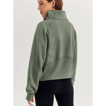 WYNNQUE Womens Half Zip Cropped Pullover Sweatshirts Fleece Quarter Zipper Hoodies Long Sleeve Clothes Sweaters Thumb Hole Green