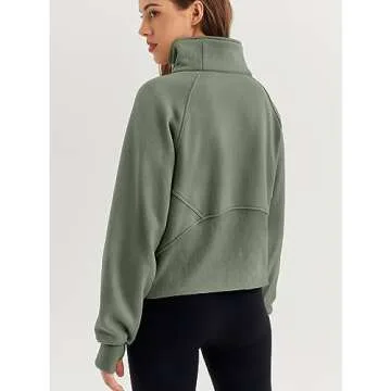WYNNQUE Womens Half Zip Cropped Pullover Sweatshirts Fleece Quarter Zipper Hoodies Long Sleeve Clothes Sweaters Thumb Hole Green