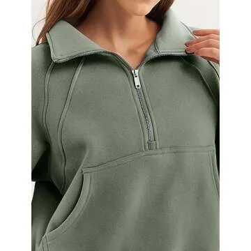 WYNNQUE Womens Half Zip Cropped Pullover Sweatshirts Fleece Quarter Zipper Hoodies Long Sleeve Clothes Sweaters Thumb Hole Green