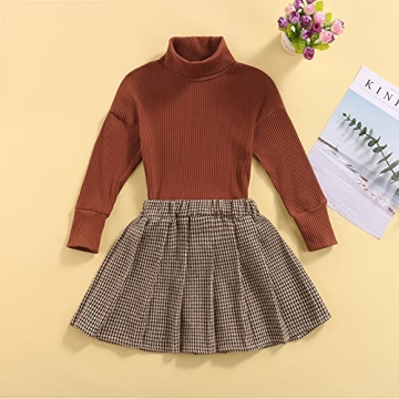 Kayotuas Toddler Girl Fall Winter Outfit Ribbed Sweater Plaid Skirt