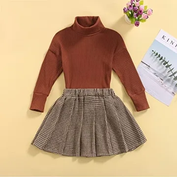 Kayotuas Toddler Girl Fall Winter Outfit Ribbed Sweater Plaid Skirt
