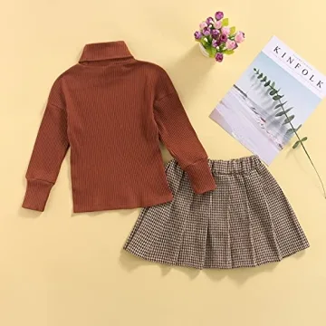 Kayotuas Toddler Girl Fall Winter Outfit Ribbed Sweater Plaid Skirt