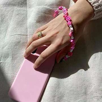 KURTCB Smile Face Beaded Phone Lanyard Wrist Strap Handmade Rainbow Clay Beads Pearl Car Key Camera Decoration Bracelet Keychain for Women Girls (Pink)