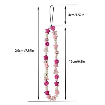 KURTCB Smile Face Beaded Phone Lanyard Wrist Strap Handmade Rainbow Clay Beads Pearl Car Key Camera Decoration Bracelet Keychain for Women Girls (Pink)