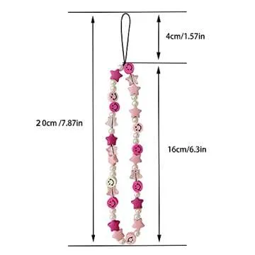 KURTCB Smile Face Beaded Phone Lanyard Wrist Strap Handmade Rainbow Clay Beads Pearl Car Key Camera Decoration Bracelet Keychain for Women Girls (Pink)