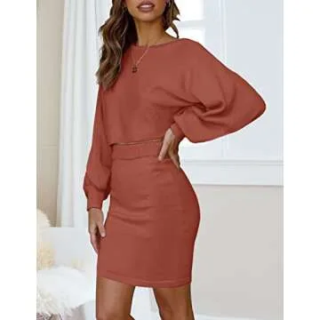 MEROKEETY Women's Puff Sleeve 2 Piece Knit Outfits Solid Color Crop Top Bodycon Skirt Set Sweater