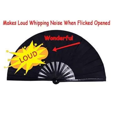 Amajiji Large Folding Hand Rave Fan for Women/Men, Chinease/Japanese Bamboo and Nylon-Cloth Folding Hand Fan for Performance, Festival, Events, Gift, Craft, Dance, Decorations (Black)