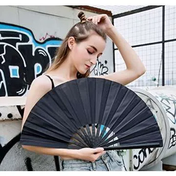 Amajiji Large Folding Hand Rave Fan for Women/Men, Chinease/Japanese Bamboo and Nylon-Cloth Folding Hand Fan for Performance, Festival, Events, Gift, Craft, Dance, Decorations (Black)