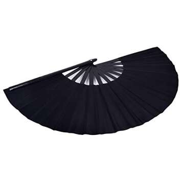 Amajiji Large Folding Hand Rave Fan for Women/Men, Chinease/Japanese Bamboo and Nylon-Cloth Folding Hand Fan for Performance, Festival, Events, Gift, Craft, Dance, Decorations (Black)