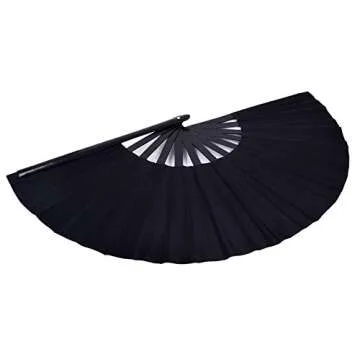 Amajiji Large Folding Hand Rave Fan for Women/Men, Chinease/Japanese Bamboo and Nylon-Cloth Folding Hand Fan for Performance, Festival, Events, Gift, Craft, Dance, Decorations (Black)