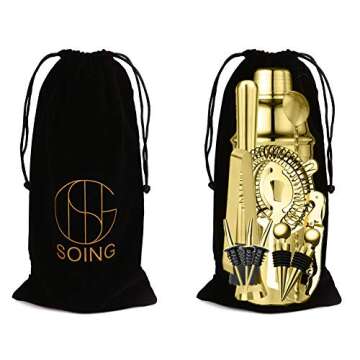 Soing Gold 24-Piece Cocktail Shaker Set,Perfect Home Bartending Kit for Drink Mixing,Stainless Steel Bar Tools with Stand,Velvet Carry Bag & Recipes Included