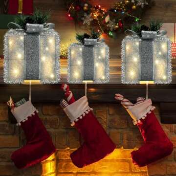 Hexagram Christmas Stocking Holders for Mantle LED Gift Box Set of 3, Christmas Decorations Indoor f...