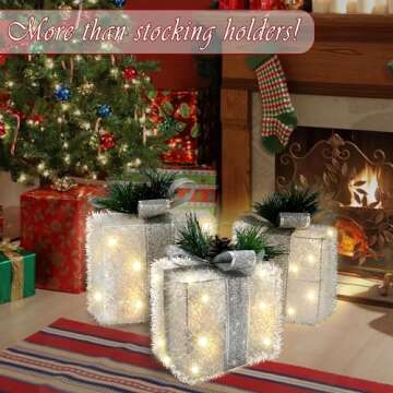 Hexagram Christmas Stocking Holders for Mantle LED Gift Box Set of 3, Christmas Decorations Indoor for Home Fireplace Floor, Stocking Hangers for Mantel, Xmas Lighted Decor Stocking Holder Silver