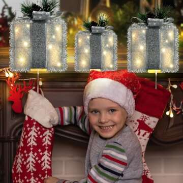 Hexagram Christmas Stocking Holders for Mantle LED Gift Box Set of 3, Christmas Decorations Indoor for Home Fireplace Floor, Stocking Hangers for Mantel, Xmas Lighted Decor Stocking Holder Silver