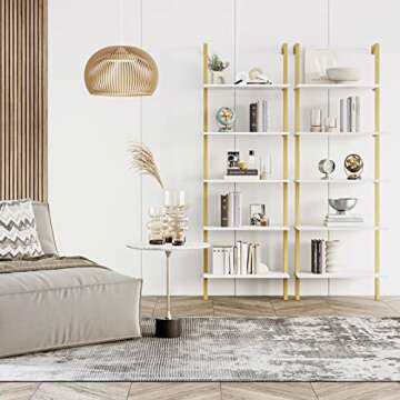 FINETONES Wall Mounted Bookcase 5-Tier, 72.6’’ Height Ladder Shelf with Metal Frame and Wood She...