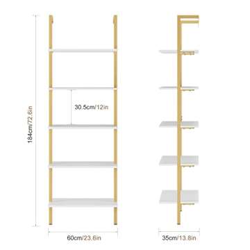 FINETONES Wall Mounted Bookcase 5-Tier, 72.6’’ Height Ladder Shelf with Metal Frame and Wood Shelf, Open Bookshelf Plant Flower Stand Display Storage Organizer Shelves for Home Office, White/Gold