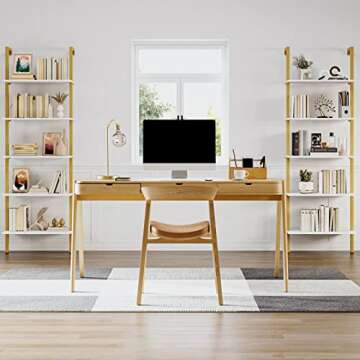 FINETONES Wall Mounted Bookcase 5-Tier, 72.6’’ Height Ladder Shelf with Metal Frame and Wood Shelf, Open Bookshelf Plant Flower Stand Display Storage Organizer Shelves for Home Office, White/Gold