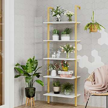 FINETONES Wall Mounted Bookcase 5-Tier, 72.6’’ Height Ladder Shelf with Metal Frame and Wood Shelf, Open Bookshelf Plant Flower Stand Display Storage Organizer Shelves for Home Office, White/Gold