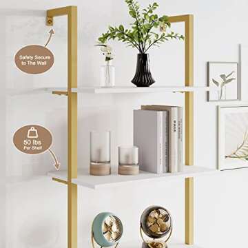 FINETONES Wall Mounted Bookcase 5-Tier, 72.6’’ Height Ladder Shelf with Metal Frame and Wood Shelf, Open Bookshelf Plant Flower Stand Display Storage Organizer Shelves for Home Office, White/Gold