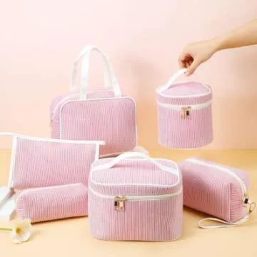 Suclain 6 Pack Cotton Quilted Makeup Bag, Cosmetic Bag Cosmetic Travel Bag Cute Toiletry Bags Coquette Aesthetic Makeup Bag for Women Girls Toiletries Suitcase Accessories Kawaii Stuff (Pink Stripe)