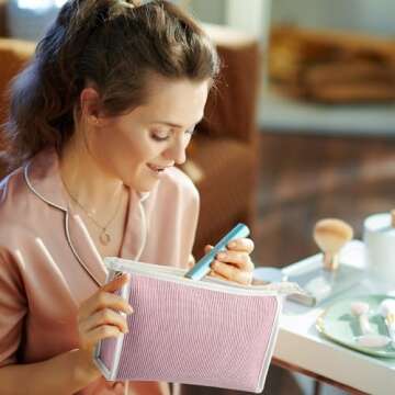 Suclain 6 Pack Cotton Quilted Makeup Bag, Cosmetic Bag Cosmetic Travel Bag Cute Toiletry Bags Coquette Aesthetic Makeup Bag for Women Girls Toiletries Suitcase Accessories Kawaii Stuff (Pink Stripe)