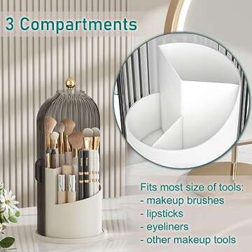 GAXmi Makeup Brush Holder with Lid Cosmetic Tools Organizer 360 Rotating Waterproof Dustproof Makeup Brushes Storage for Vanity, Grey