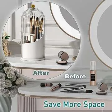 GAXmi Makeup Brush Holder with Lid Cosmetic Tools Organizer 360 Rotating Waterproof Dustproof Makeup Brushes Storage for Vanity, Grey