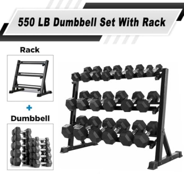 450 LBS Rubber Hex Dumbbell Set with Rack for Home Gym