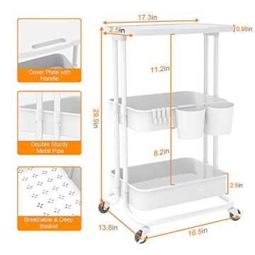 Bextsrack 3-Tier Rolling Utility Cart with Wheels, Multi-Purpose Rolling Storage Carts with Cover Plate and Handle, Mobile Storage Organizer for Kitchen, Bathroom, Office, White