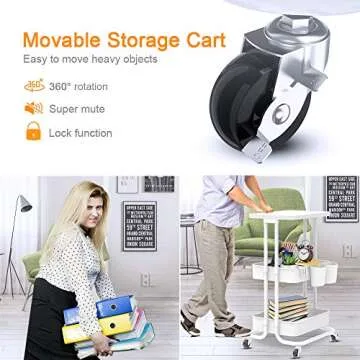 Bextsrack 3-Tier Rolling Utility Cart with Wheels, Multi-Purpose Rolling Storage Carts with Cover Plate and Handle, Mobile Storage Organizer for Kitchen, Bathroom, Office, White