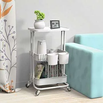 Bextsrack 3-Tier Rolling Utility Cart with Wheels, Multi-Purpose Rolling Storage Carts with Cover Plate and Handle, Mobile Storage Organizer for Kitchen, Bathroom, Office, White