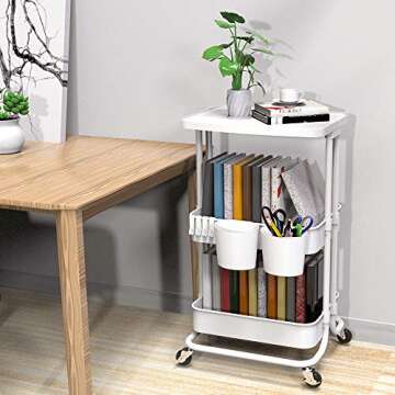 Bextsrack 3-Tier Rolling Utility Cart with Wheels, Multi-Purpose Rolling Storage Carts with Cover Plate and Handle, Mobile Storage Organizer for Kitchen, Bathroom, Office, White
