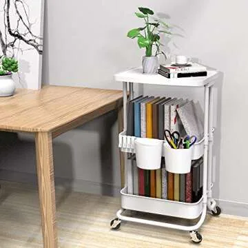 Bextsrack 3-Tier Rolling Utility Cart with Wheels, Multi-Purpose Rolling Storage Carts with Cover Plate and Handle, Mobile Storage Organizer for Kitchen, Bathroom, Office, White