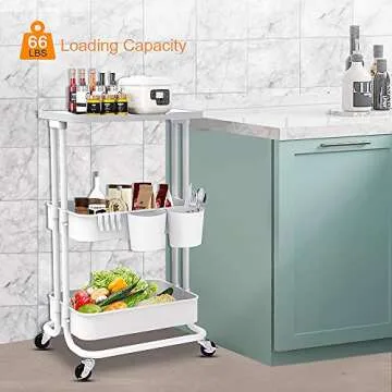 Bextsrack 3-Tier Rolling Utility Cart with Wheels, Multi-Purpose Rolling Storage Carts with Cover Plate and Handle, Mobile Storage Organizer for Kitchen, Bathroom, Office, White